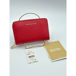 Michael Kors Jet Set Crimson Pebble Leather Small Zip-Around Card Case New*READ*